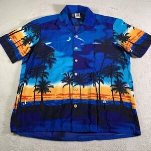 Kennington Shirt Mens XL Blue Hawaiian Palm Tree Sunset Beach Short Sleeve Aloha